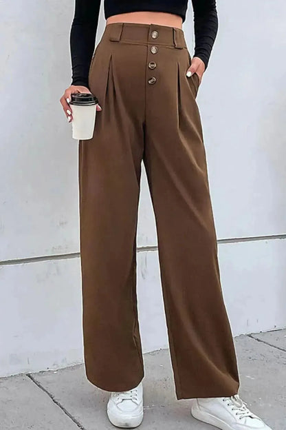 Perfee Button-Fly Pleated Waist Wide Leg Pants with Pockets - Bad Moms Club