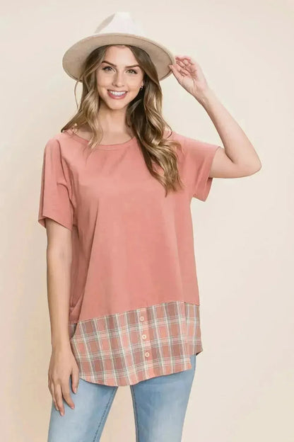 Cotton Bleu by Nu Lab Plaid Contrast Short Sleeve T-Shirt - Bad Moms Club