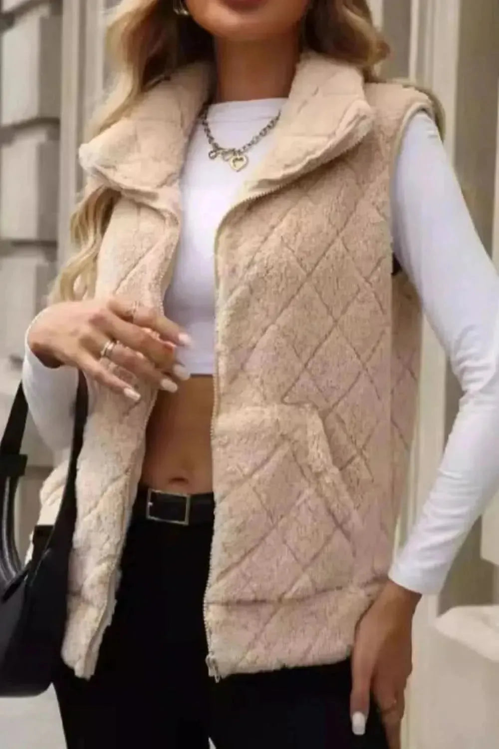 Fuzzy Plaid Texture Zip Up Vest Coat - Bad Moms Club