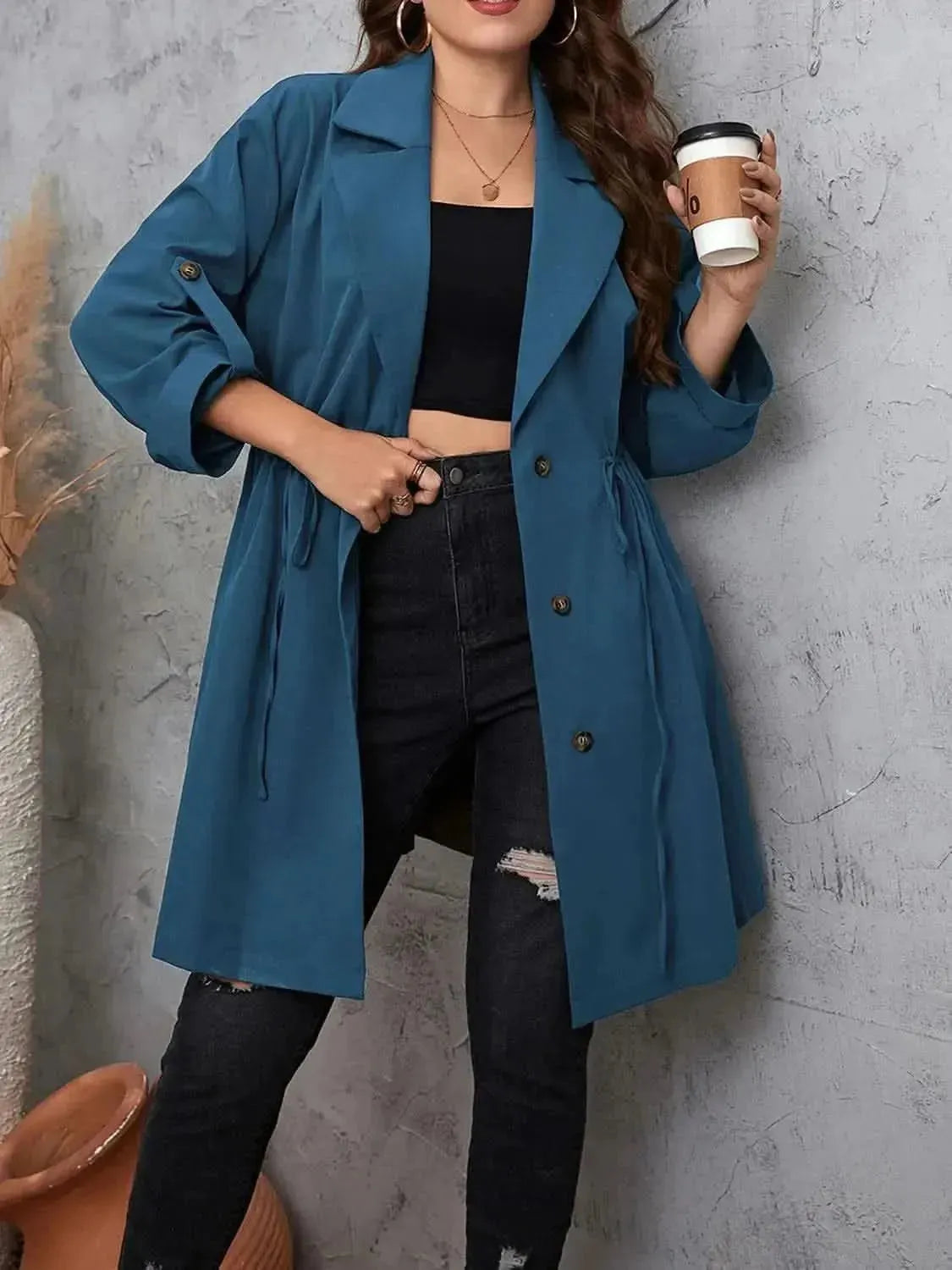 Plus Size Lapel Collar Drawstring Roll-Tab Sleeve Trench Coat - Bad Moms Club