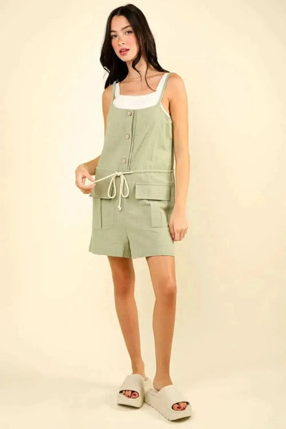 VERY J Half Button Drawstring Sleeveless Romper - Bad Moms Club