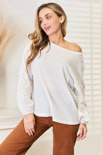 Shiny Eyelet Dropped Shoulder Round Neck Blouse - Bad Moms Club
