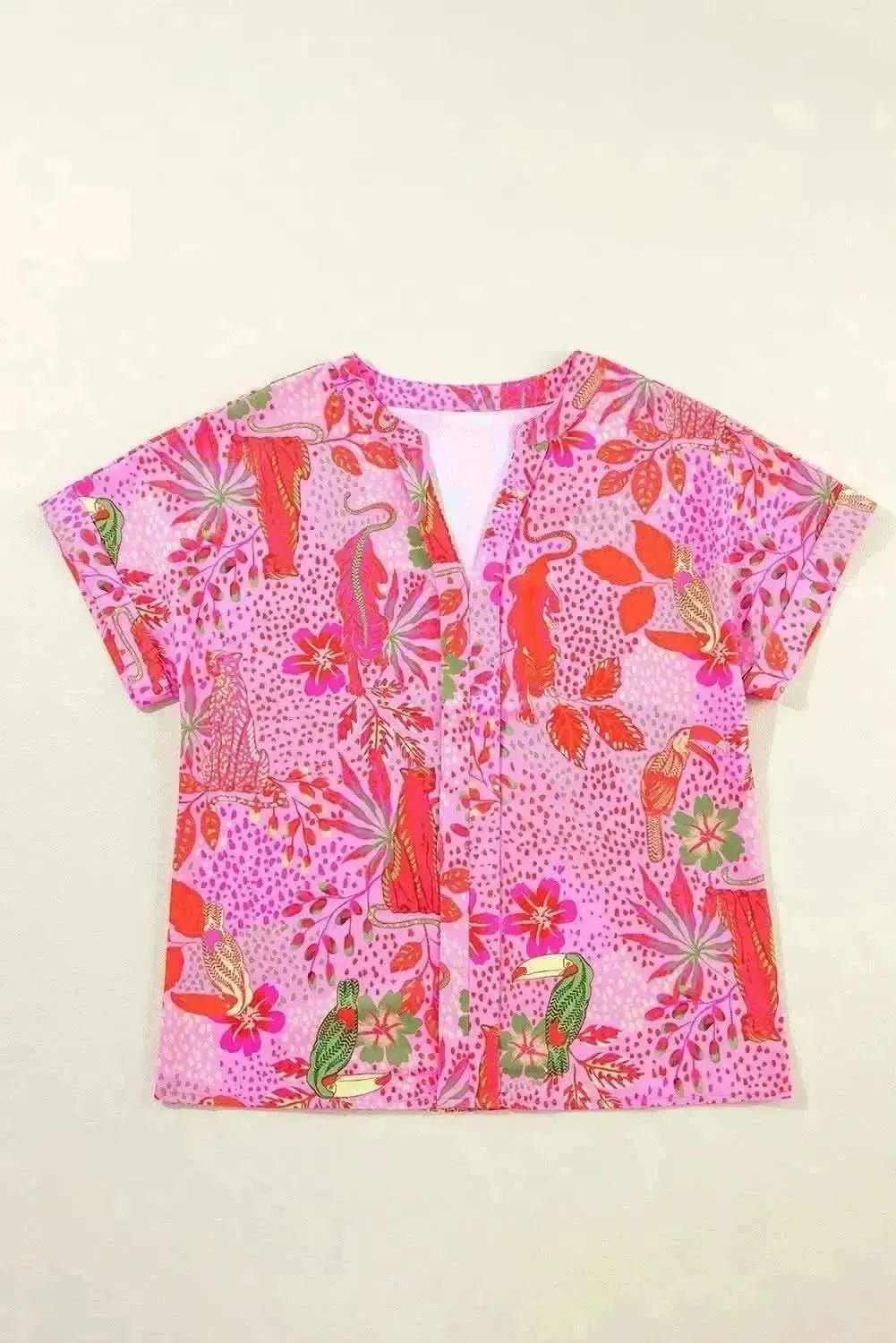 Printed Notched Short Sleeve Top - Bad Moms Club