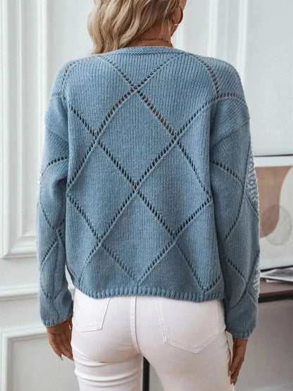 Openwork Round Neck Long Sleeve Knit Top - Bad Moms Club