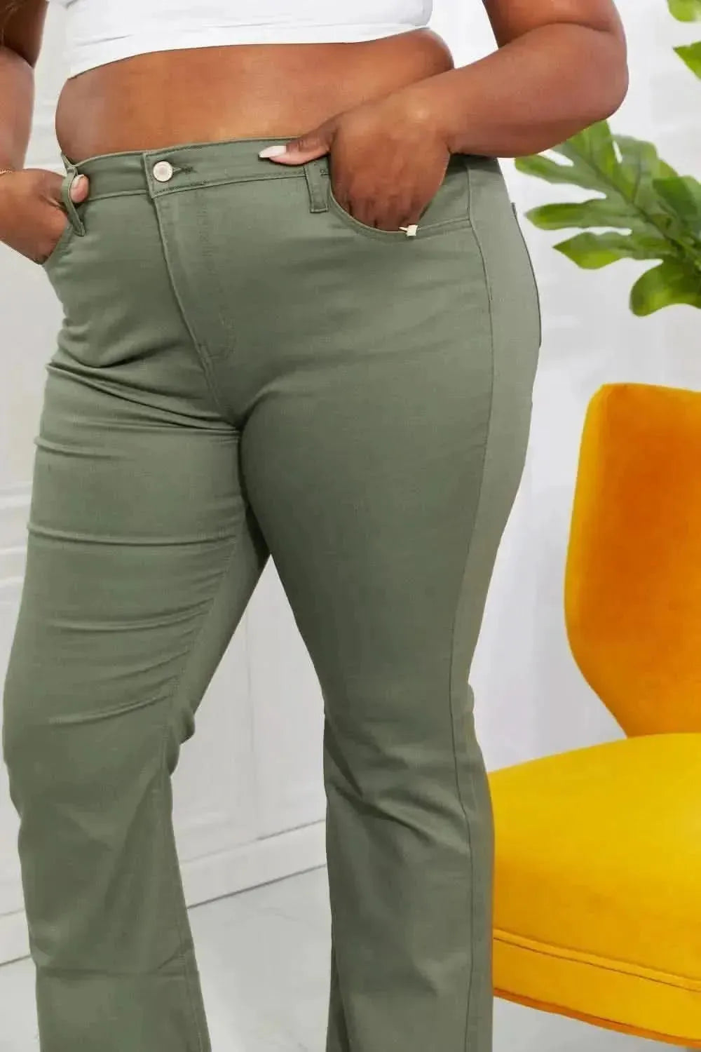 Zenana Clementine Full Size High-Rise Bootcut Jeans in Olive - Bad Moms Club