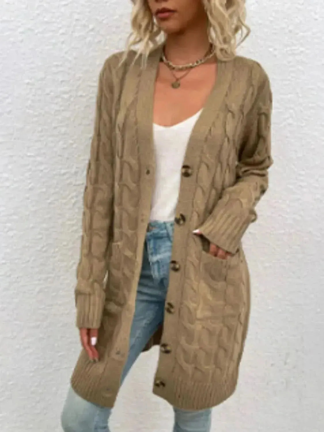 Cable-Knit Button Down Cardigan with Pockets - Bad Moms Club