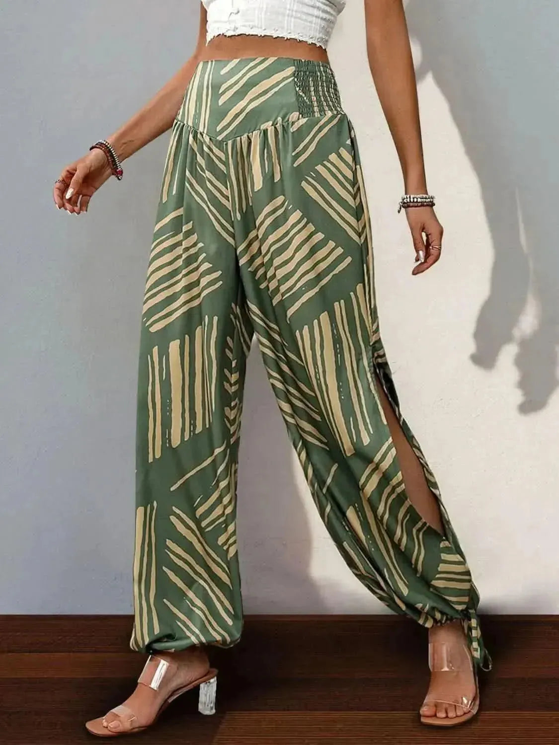 Perfee Smocked Slit Printed High Waist Pants - Bad Moms Club