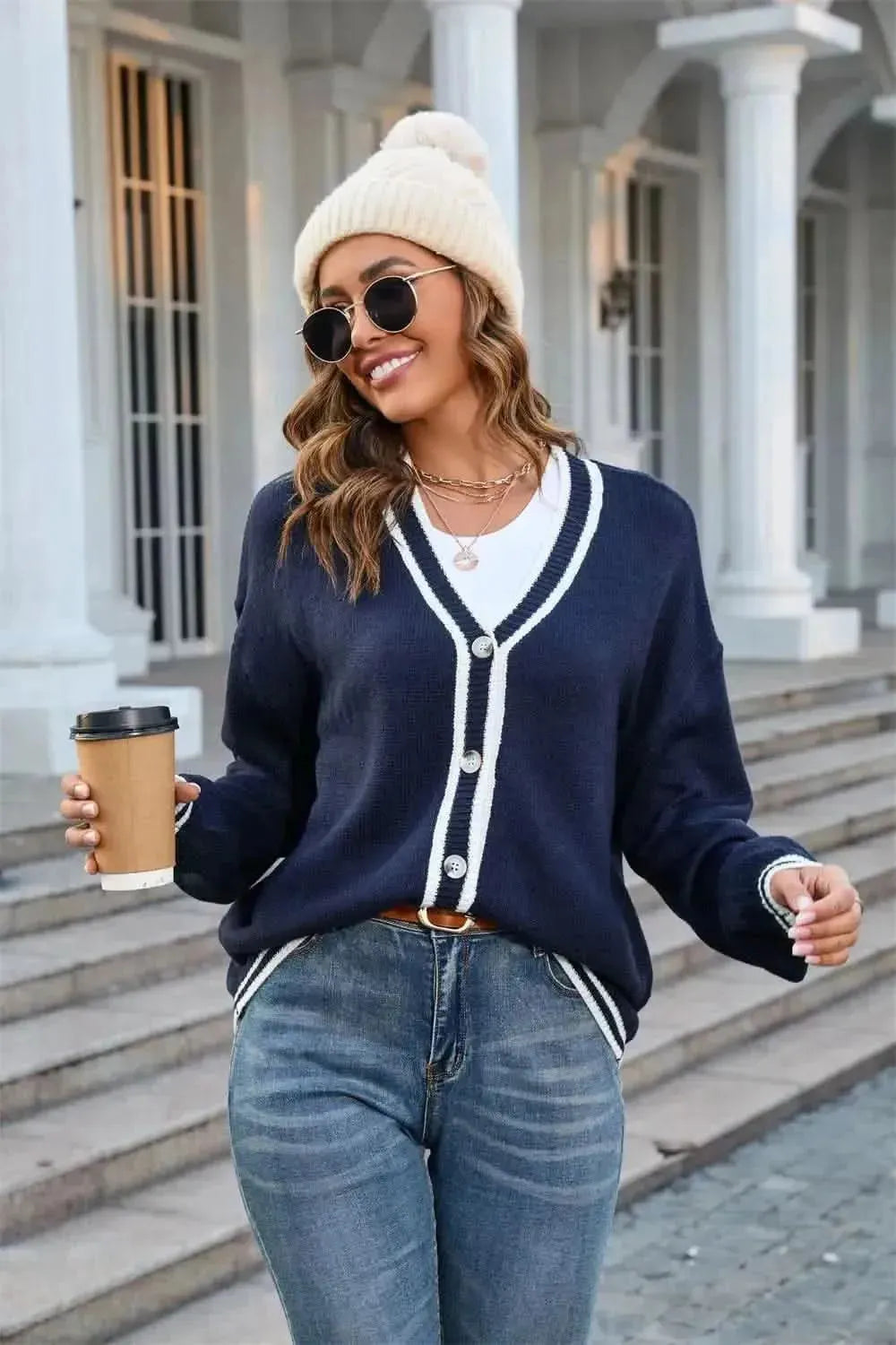 Buttoned V-Neck Long Sleeve Cardigan - Bad Moms Club
