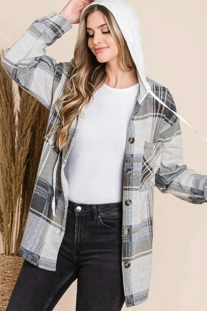 Reborn J Plaid Button Up Drawstring Hooded Jacket - Bad Moms Club