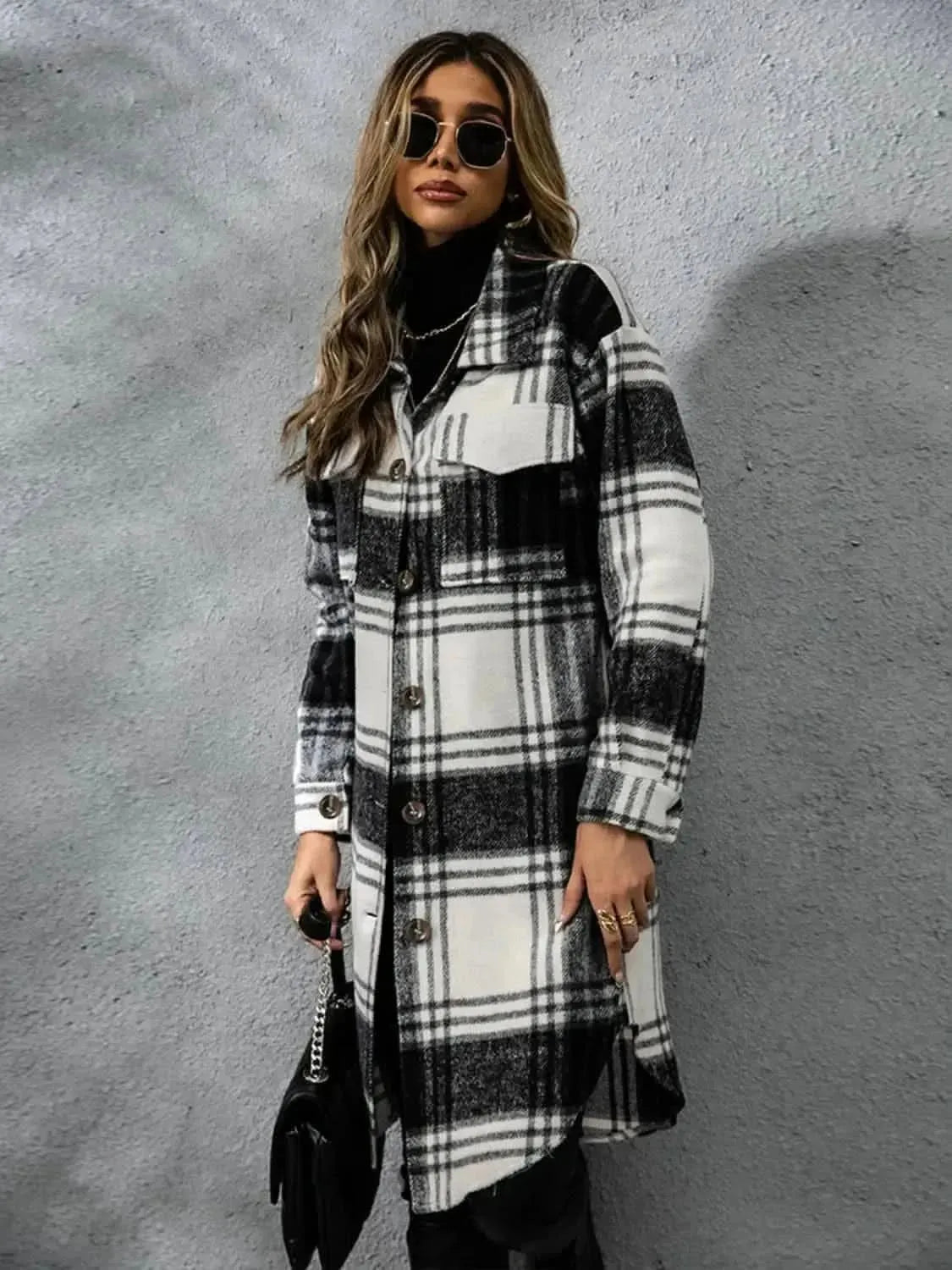 Plaid Collared Neck Long Sleeve Coat - Bad Moms Club