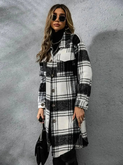 Plaid Collared Neck Long Sleeve Coat - Bad Moms Club