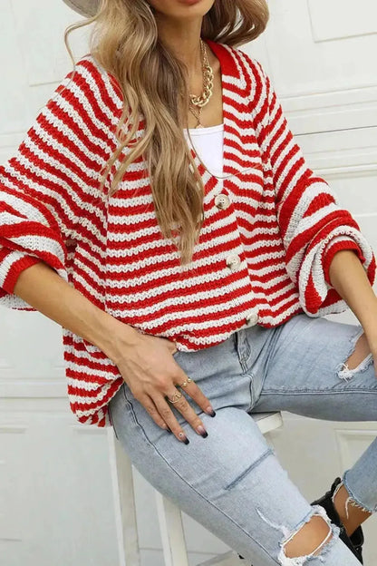 Striped Button Up Long Sleeve Cardigan - Bad Moms Club