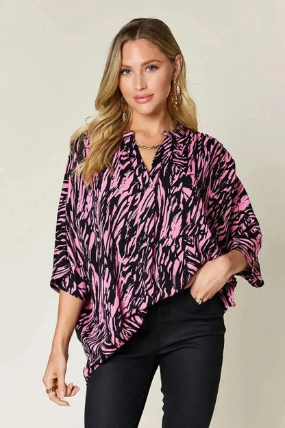Double Take Full Size Printed Notched Three-Quarter Sleeve Blouse - Bad Moms Club