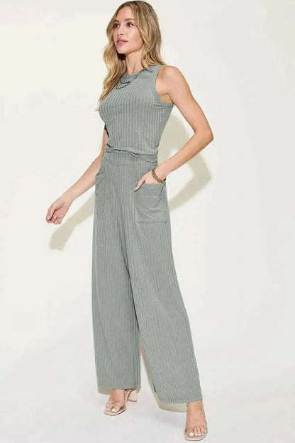 Basic Bae Full Size Ribbed Tank and Wide Leg Pants Set - Bad Moms Club