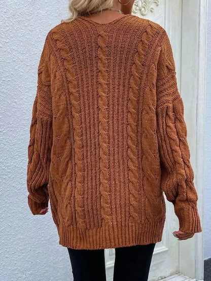 Woven Right Cable-Knit Open Front Cardigan with Front Pockets - Bad Moms Club