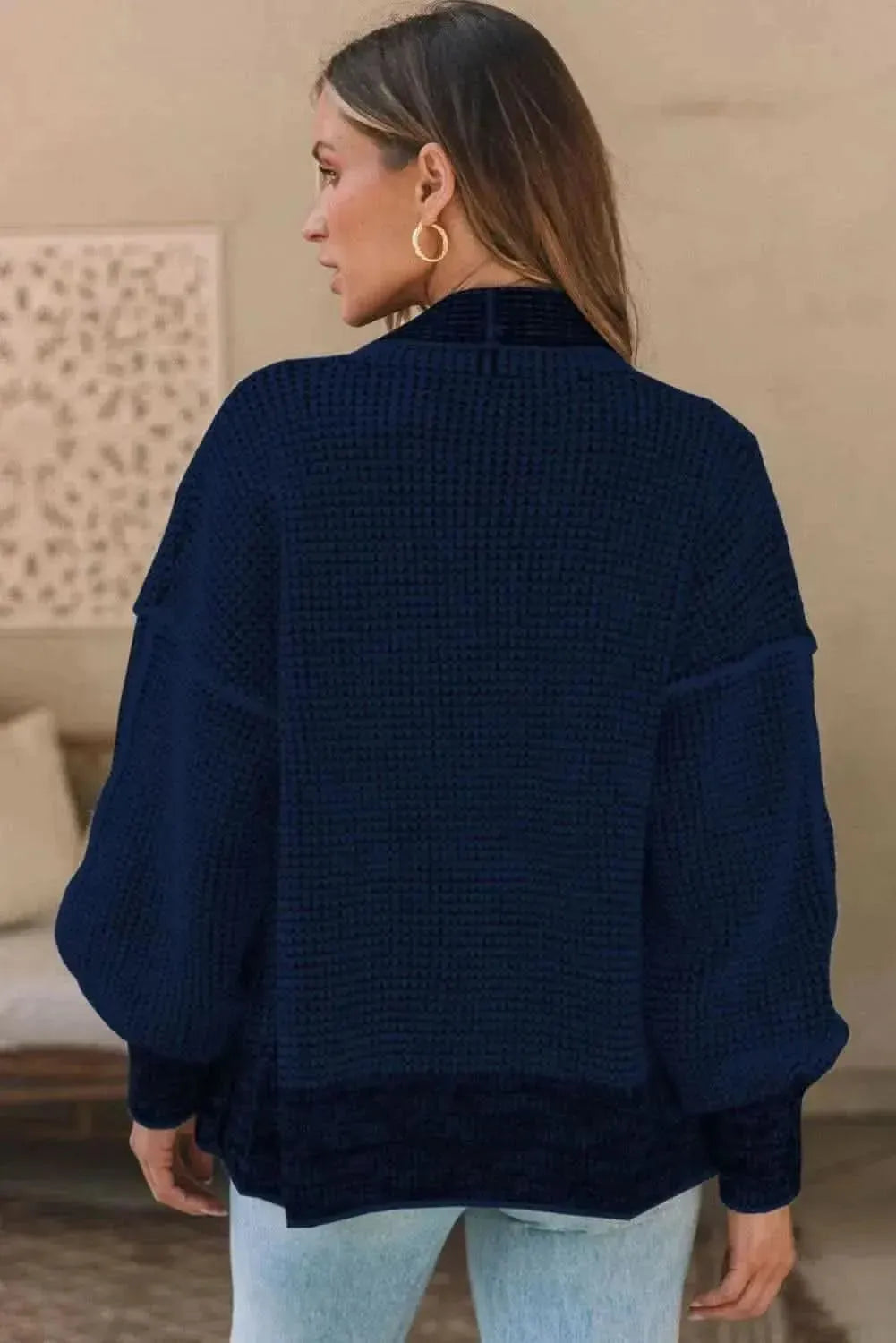 Waffle-knit Pocketed Open Front Cardigan - Bad Moms Club
