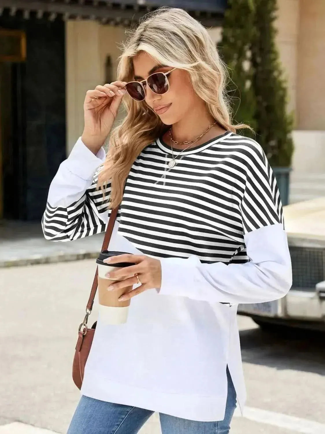 Slit Contrast Striped Long Sleeve Sweatshirt - Bad Moms Club