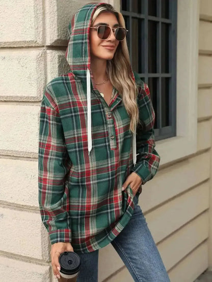Drawstring Plaid Hooded Long Sleeve Top - Bad Moms Club