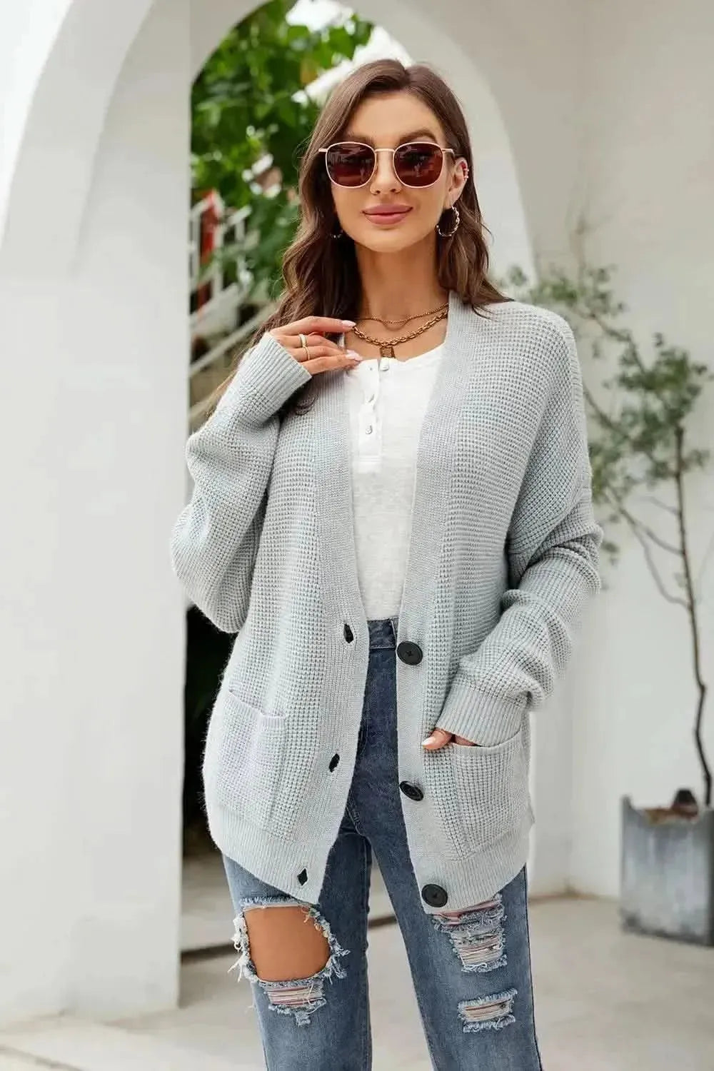 Button Up Drop Shoulder Long Sleeve Cardigan - Bad Moms Club