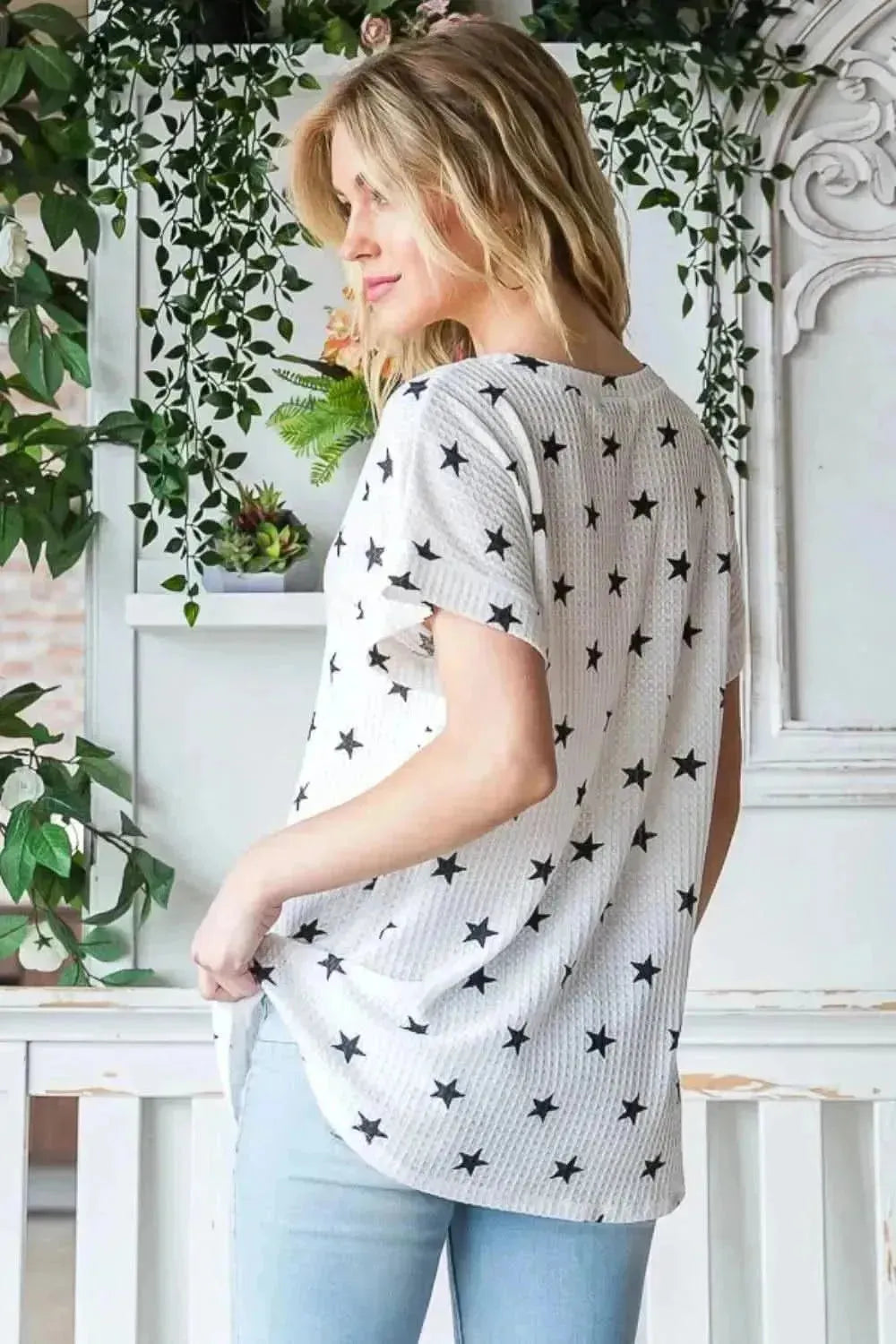Heimish Full Size Star Print Short Sleeve V-Neck Waffle Knit T-Shirt - Bad Moms Club