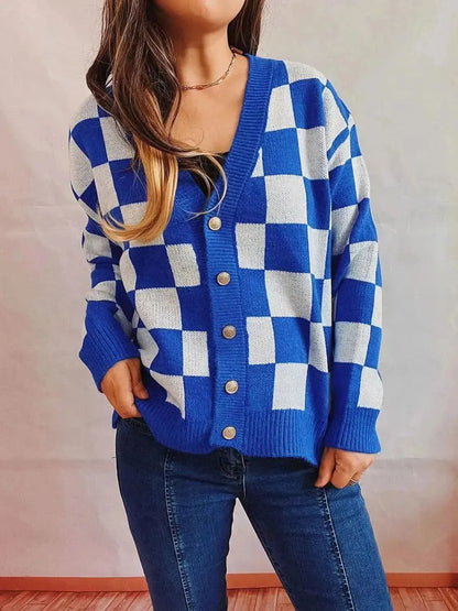 Checkered Open Front Button Up Cardigan - Bad Moms Club