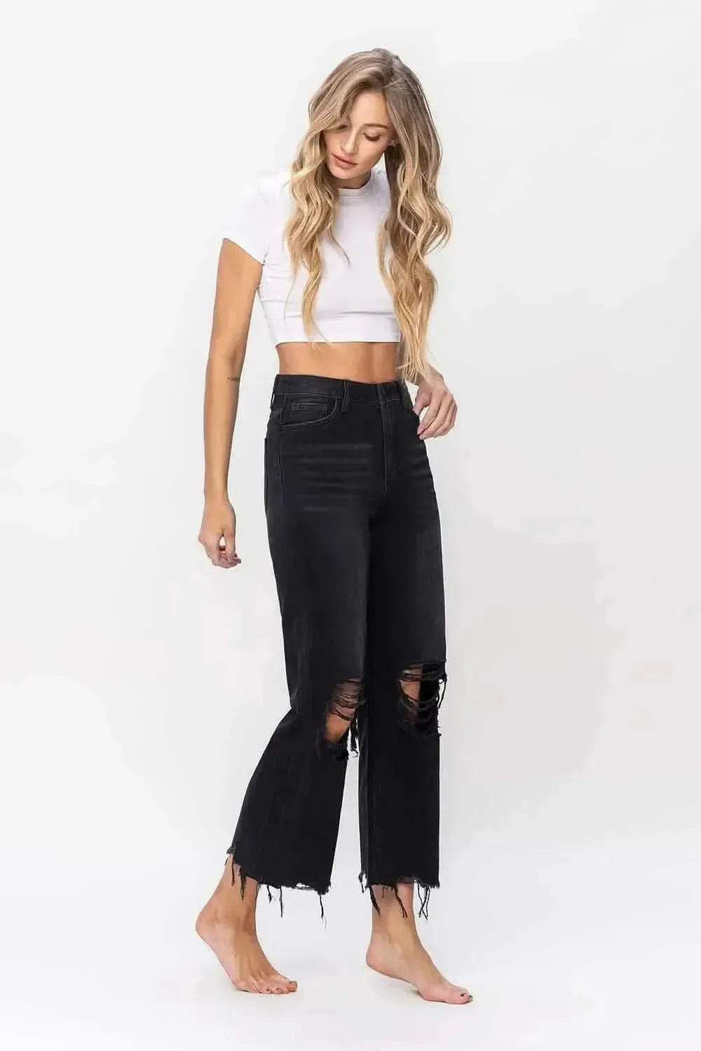 Vervet by Flying Monkey Vintage Ultra High Waist Distressed Crop Flare Jeans - Bad Moms Club
