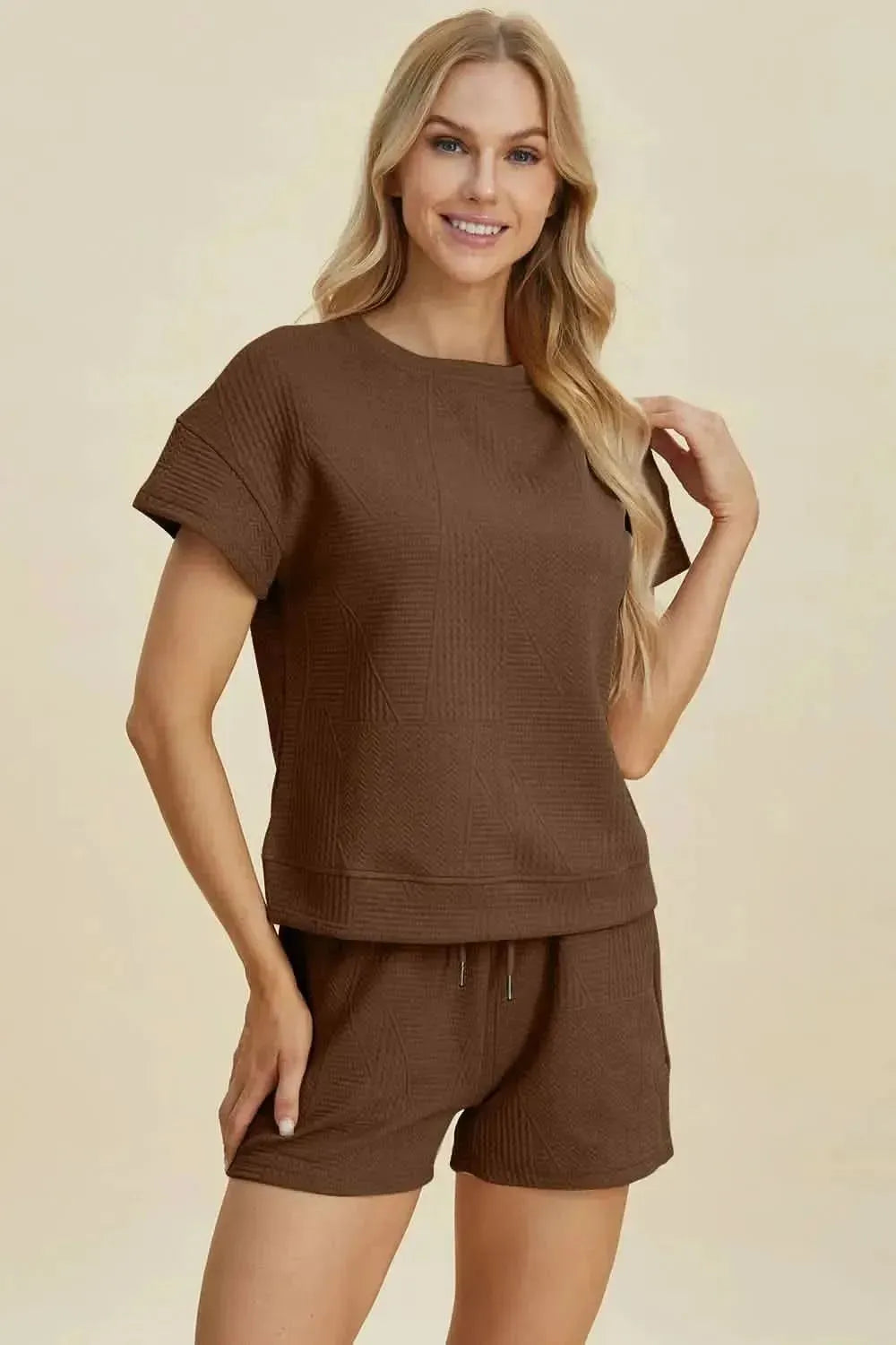 Double Take Full Size Texture Short Sleeve Top and Shorts Set - Bad Moms Club
