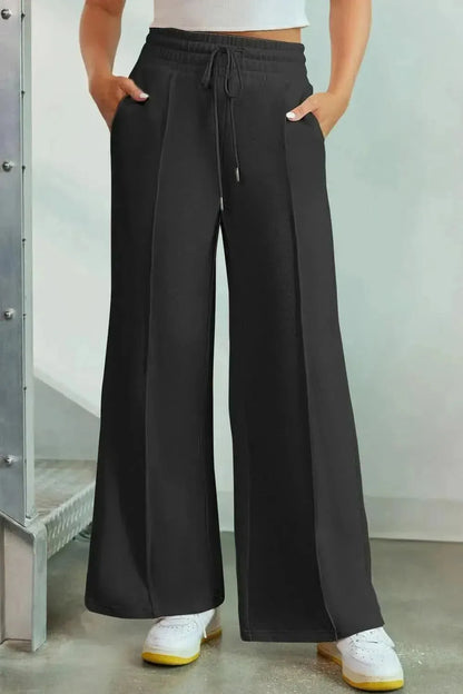 Drawstring Wide Leg Pants with Pockets - Bad Moms Club