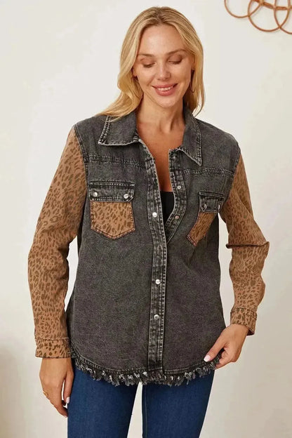 MeiMei Leopard Raw Hem Pocketed Denim Jacket - Bad Moms Club