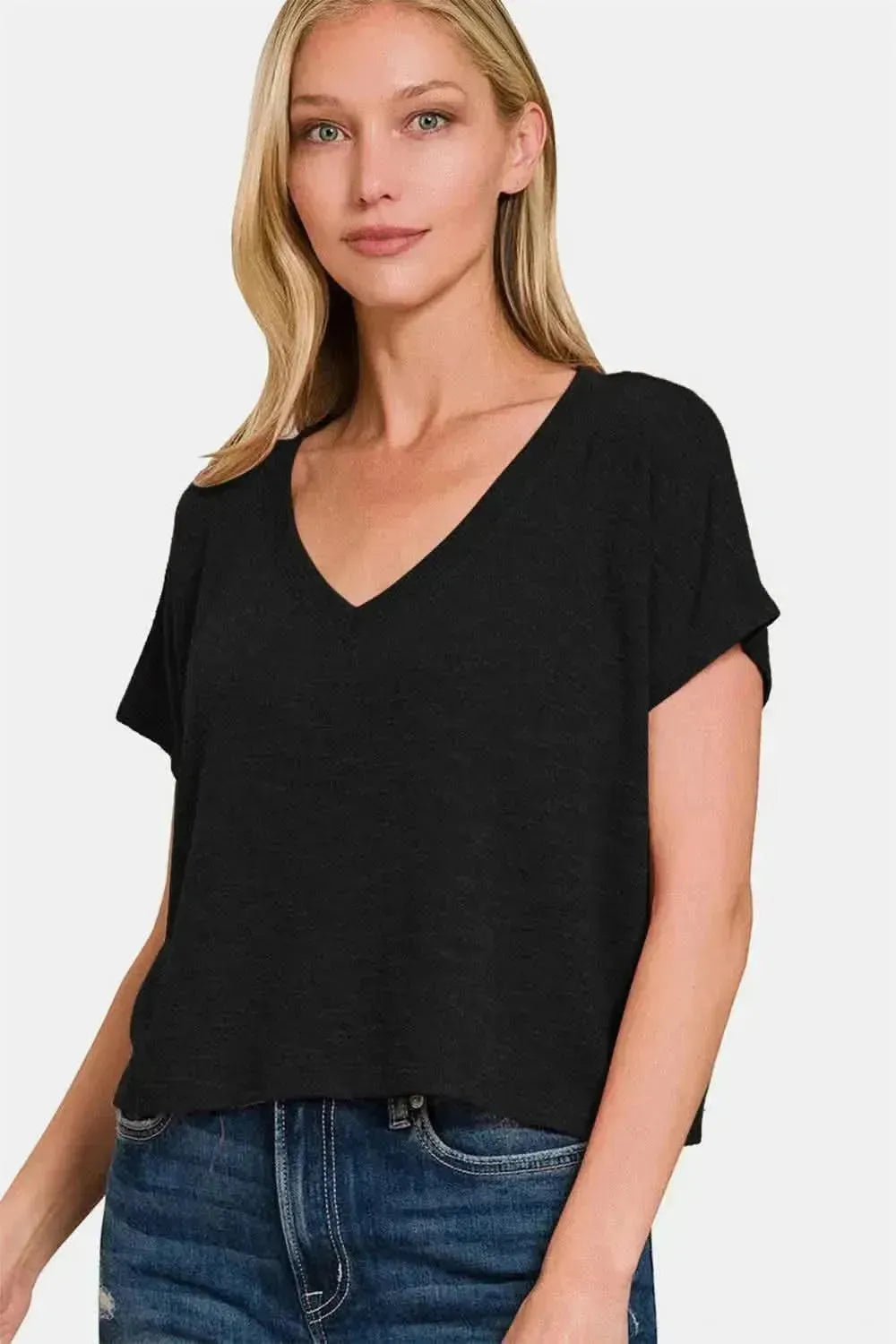 Zenana V-Neck Short Sleeve Crop T-Shirt - Bad Moms Club
