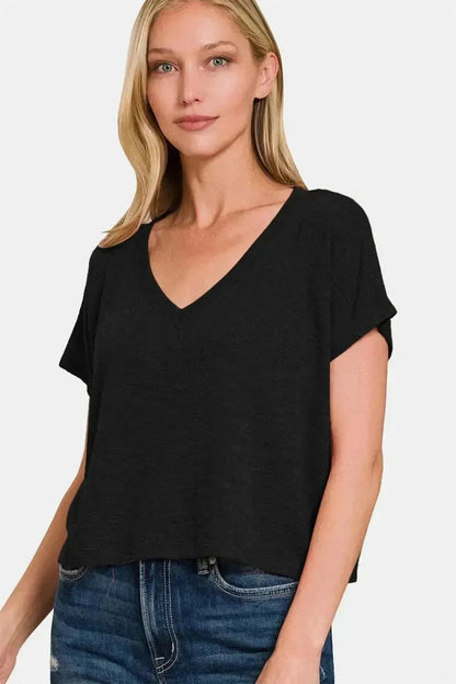 Zenana V-Neck Short Sleeve Crop T-Shirt - Bad Moms Club