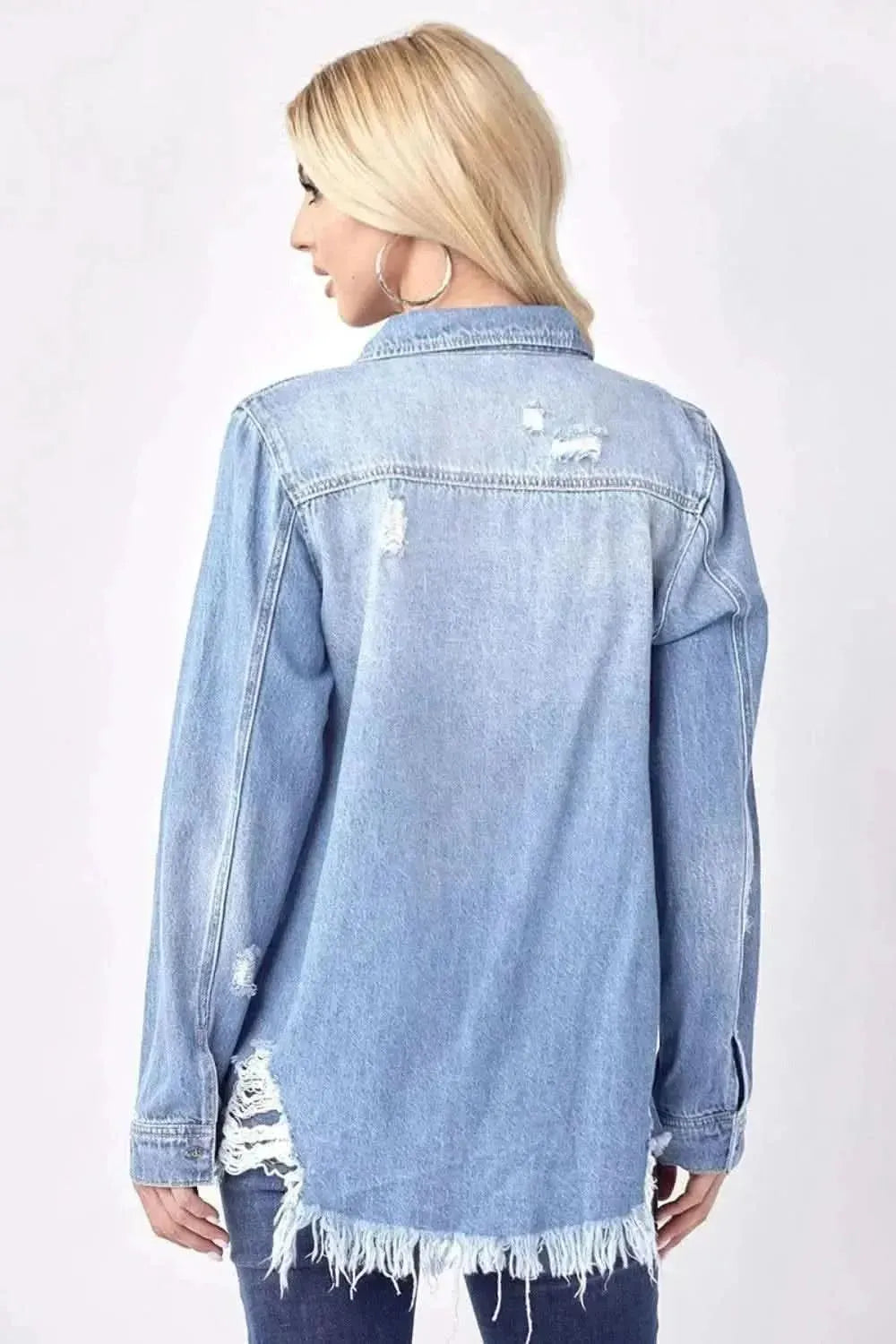 RISEN Button Up Distressed Denim Shirt - Bad Moms Club