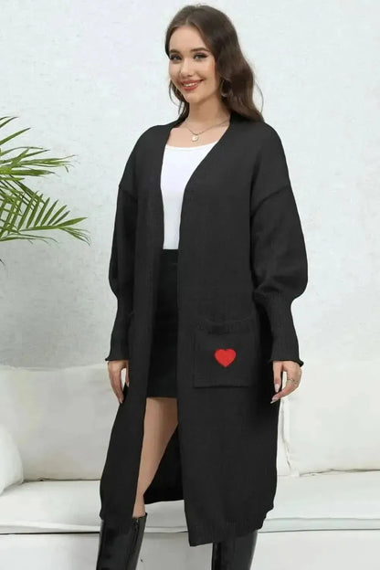 Lantern Sleeve Open Front Pocketed Cardigan - Bad Moms Club