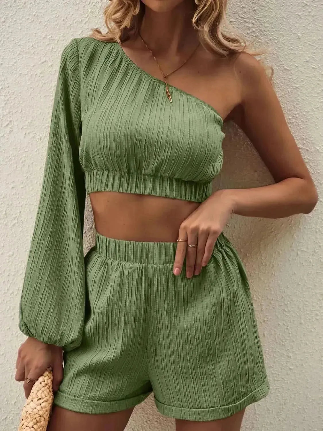 Honey One Shoulder Long Sleeve Top and Shorts Set - Bad Moms Club