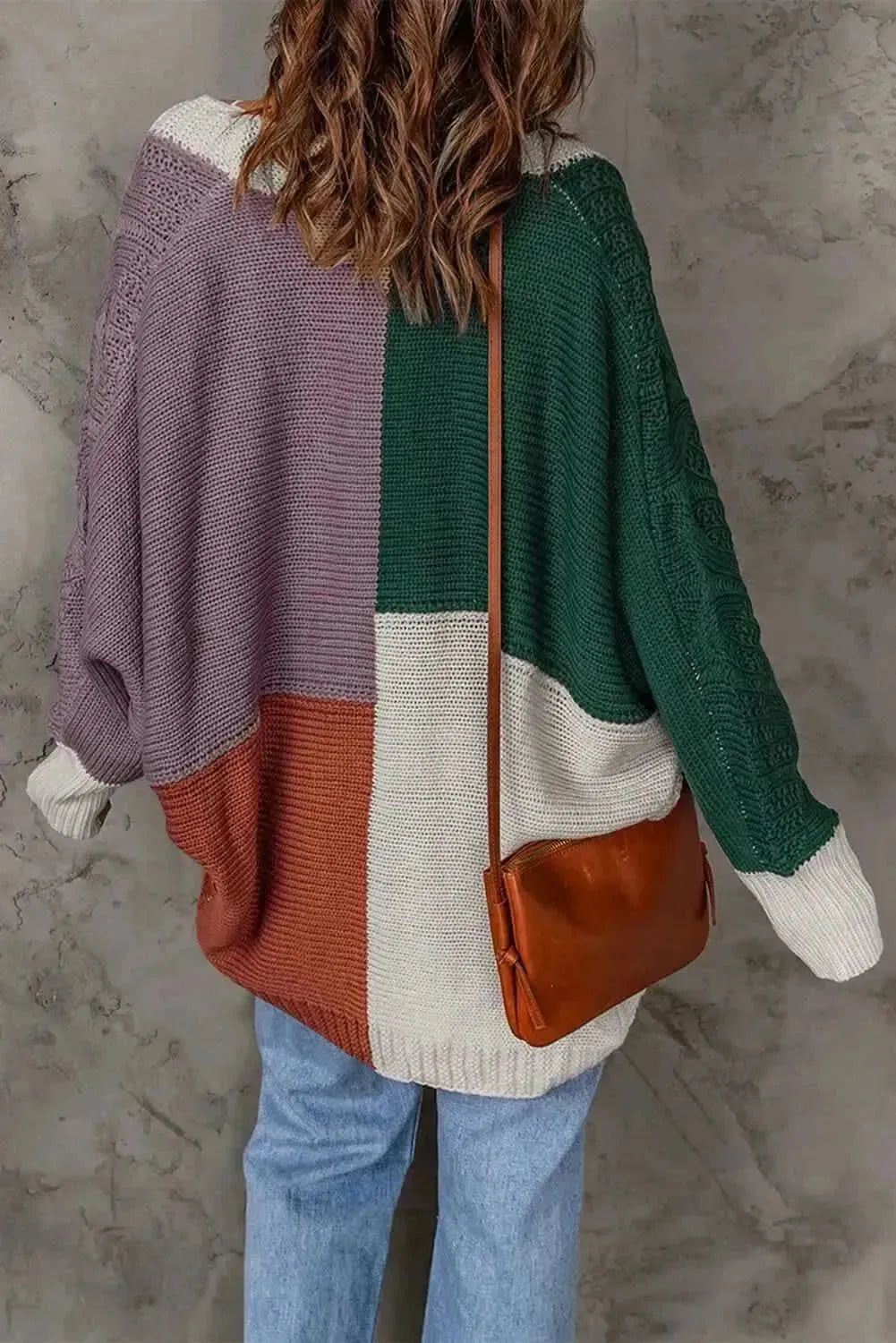 Woven Right Color Block Cable-Knit Batwing Sleeve Cardigan - Bad Moms Club