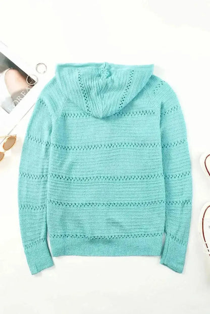 Zip-Up Raglan Sleeve Openwork Hooded Cardigan - Bad Moms Club