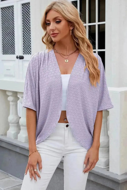 Eyelet Open Front Half Sleeve Cardigan - Bad Moms Club