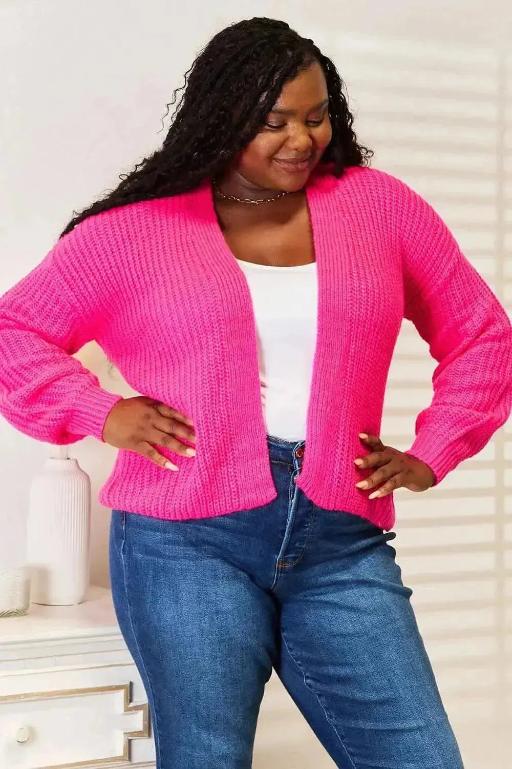 Woven Right Rib-Knit Open Front Drop Shoulder Cardigan - Bad Moms Club