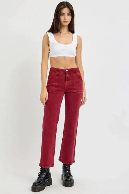 RISEN Full Size High Rise Straight Jeans with Patch Pockets - Bad Moms Club