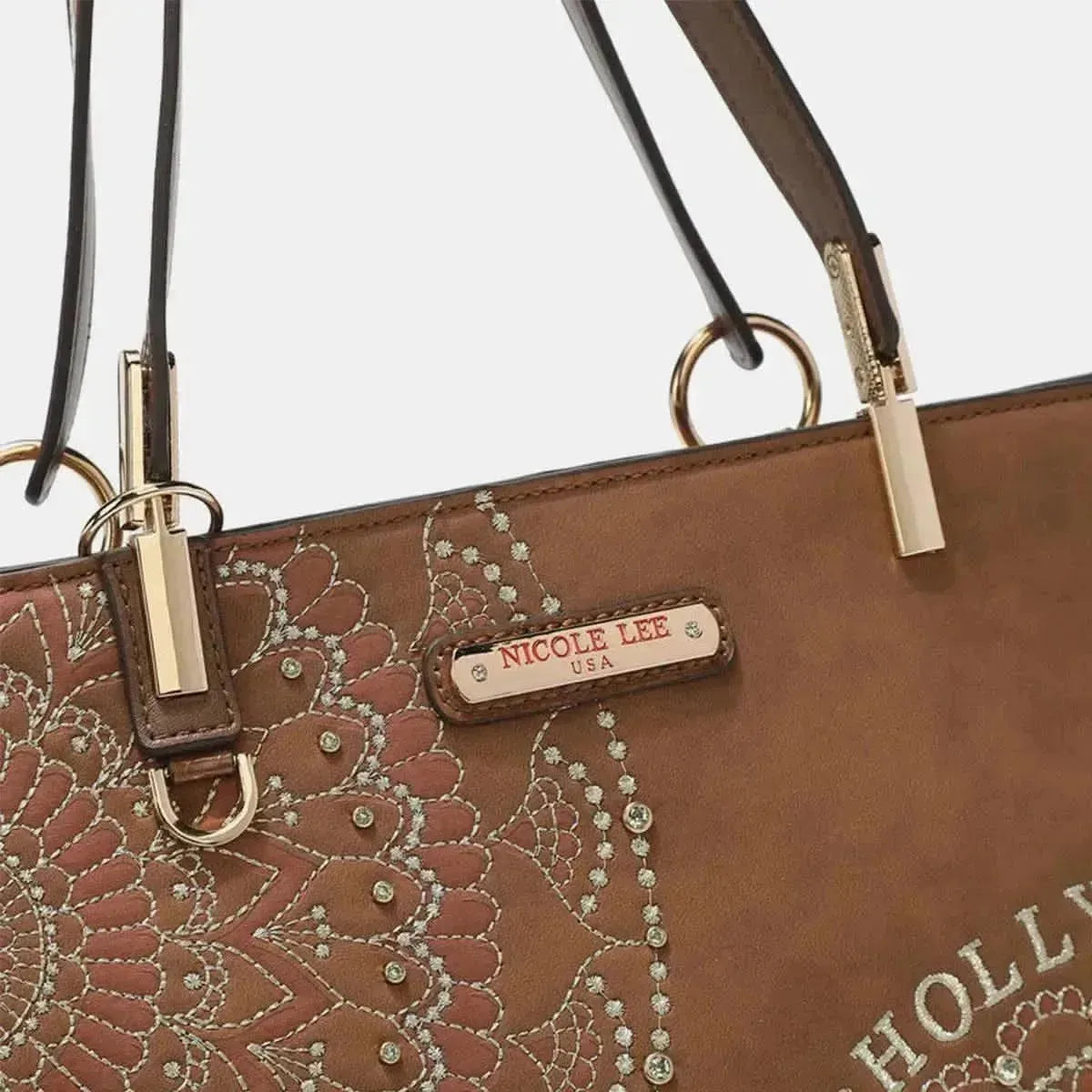 Nicole Lee USA Metallic Stitching Embroidery Inlaid Rhinestone Tote Bag - Bad Moms Club