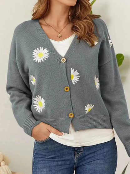 Flower Button Front Dropped Shoulder Cardigan - Bad Moms Club