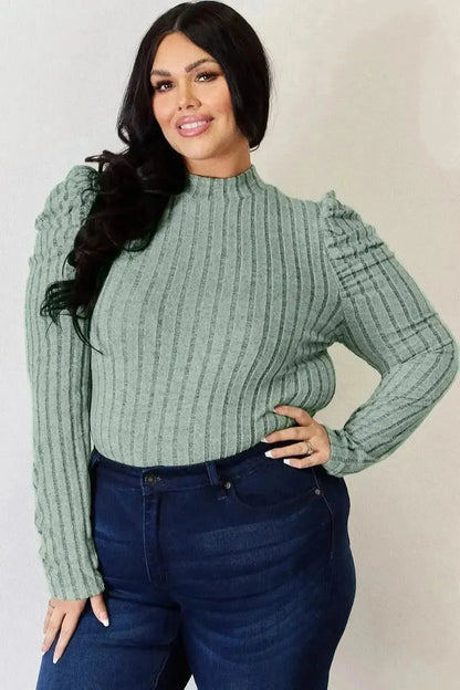 Basic Bae Full Size Ribbed Mock Neck Puff Sleeve T-Shirt - Bad Moms Club