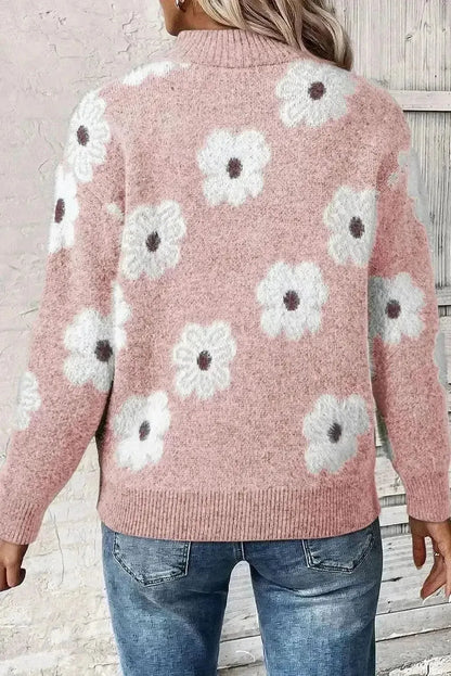 Flower Half Zip Long Sleeve Sweater - Bad Moms Club