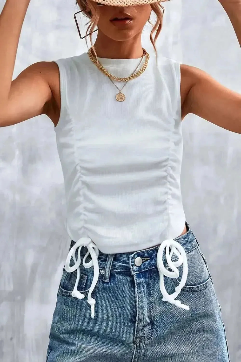Drawstring Detail Round Neck Tank - Bad Moms Club