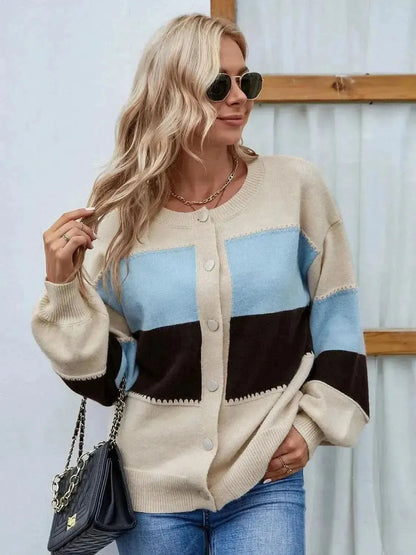 Color Block Button Up Lantern Sleeve Cardigan - Bad Moms Club