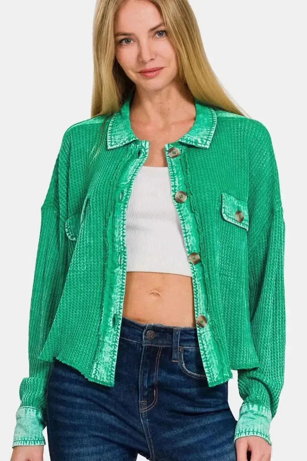 Zenana Waffle-Knit Button Up Dropped Shoulder Jacket - Bad Moms Club