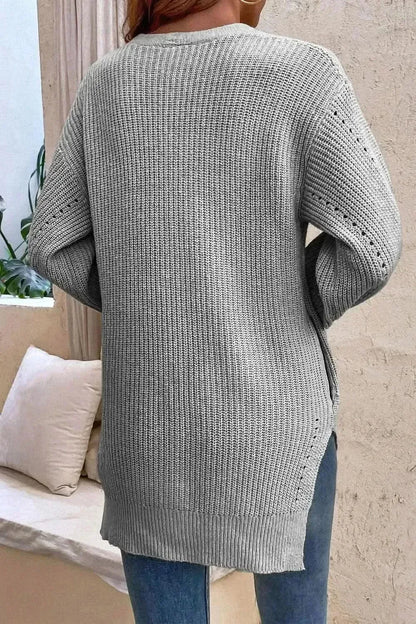 V-Neck Openwork Long Sleeve Cardigan - Bad Moms Club