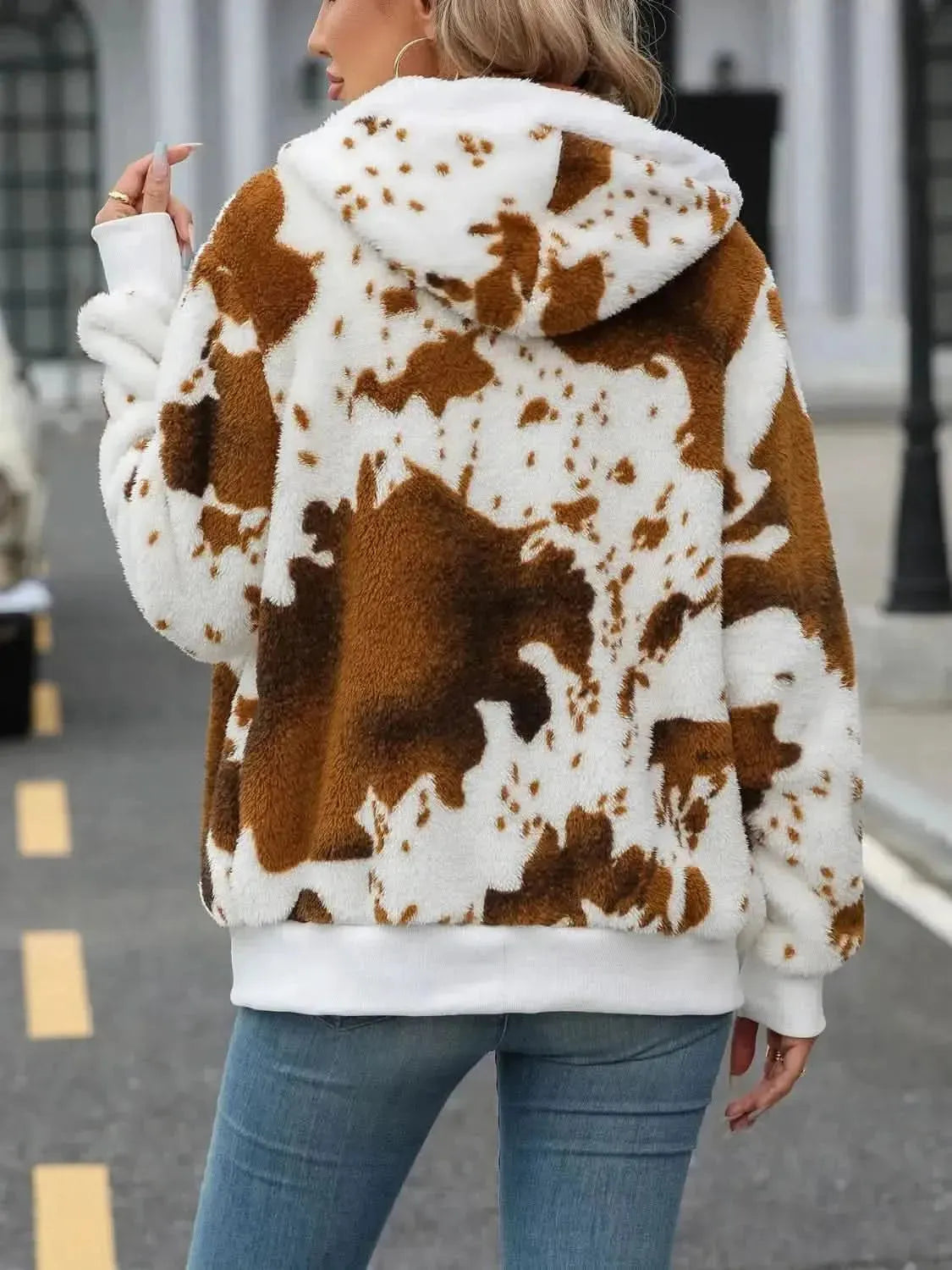 Fuzzy Drawstring Zip Up Hooded Jacket - Bad Moms Club