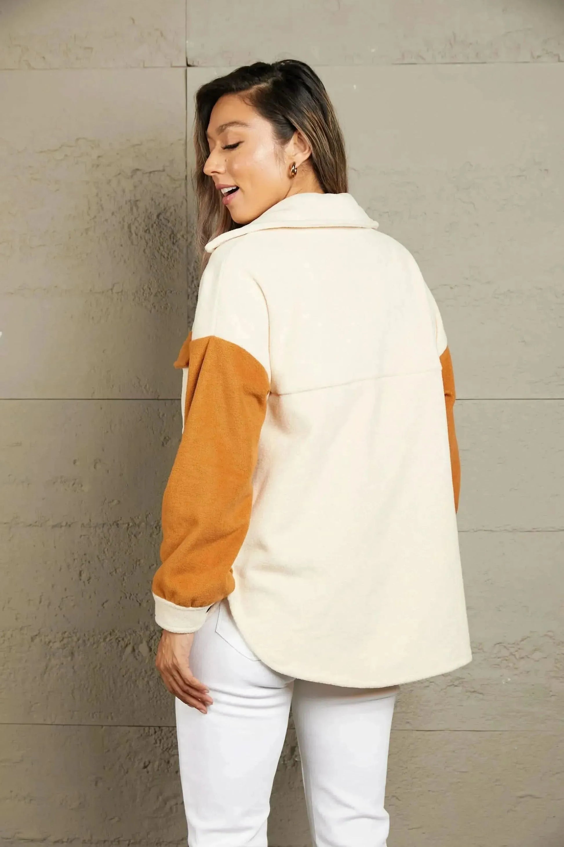 Contrast Button-Up Fleece Jacket - Bad Moms Club