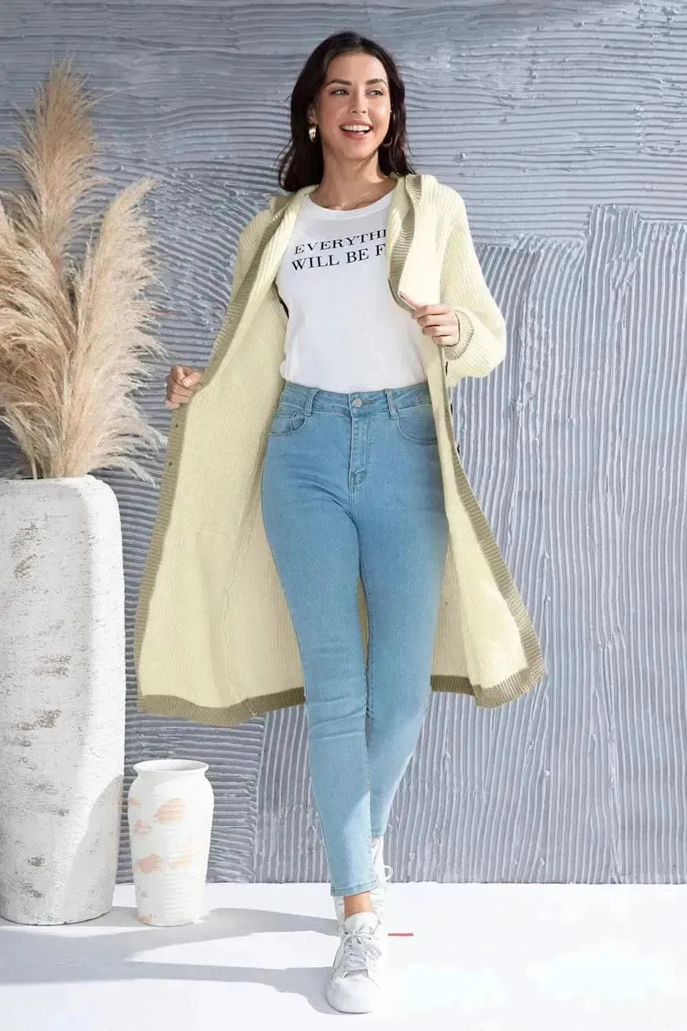 Button Up Contrast Trim Hooded Cardigan - Bad Moms Club